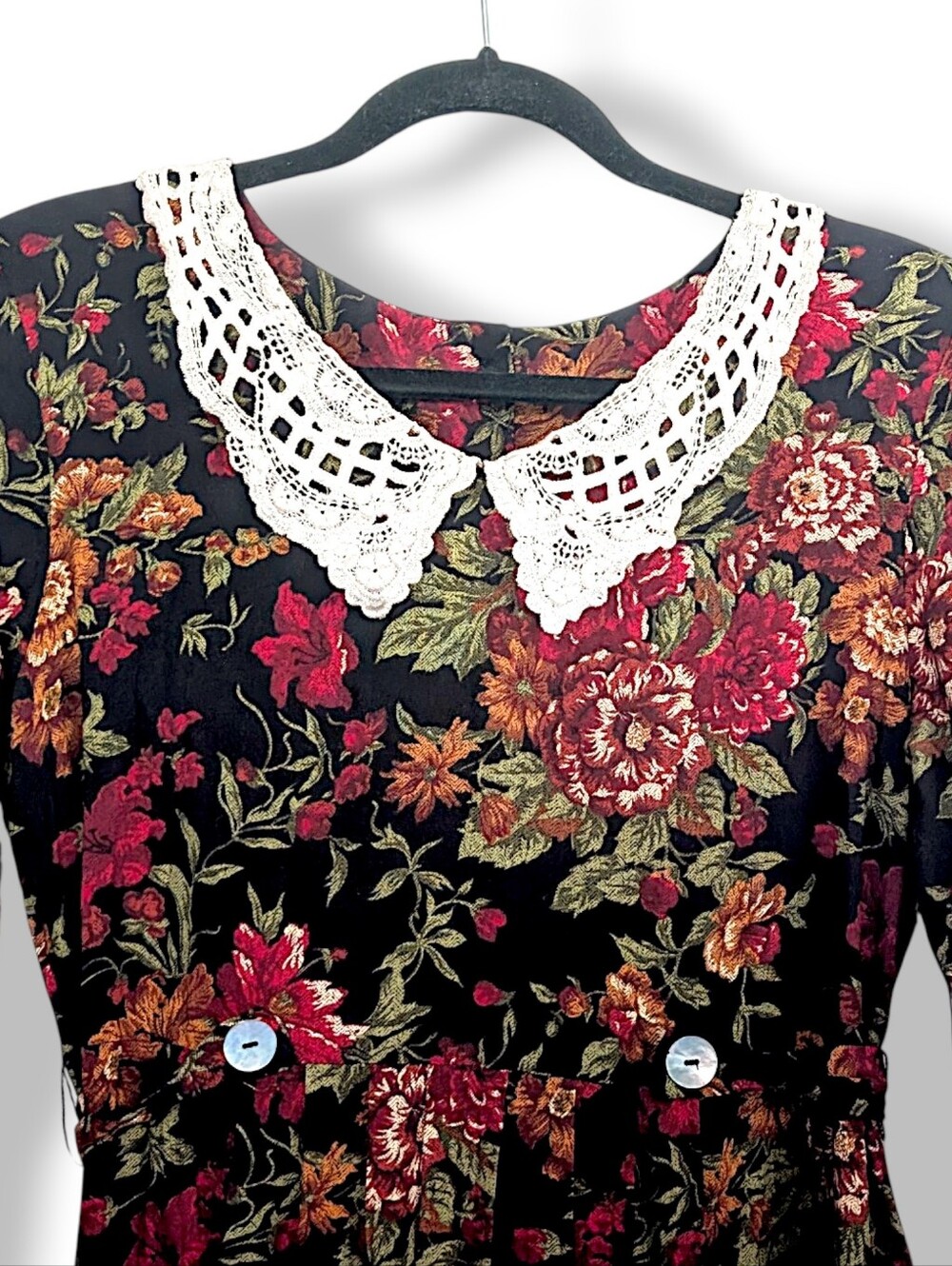 Vintage 80's crocheted peter pan bib fairy cottage  grunge floral midi dress S - Picture 5 of 9
